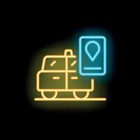 Neon icon of a taxi cab showing location tracking on smartphone app vector
