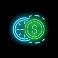 Neon sign depicting time converting to money on black background vector