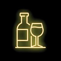 Yellow neon sign of bottle and glass displaying wine on black background vector
