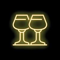Two wine glasses with yellow neon effect on black background vector
