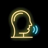 Neon icon of human head speaking and generating sound waves vector