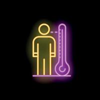Neon icon of a person standing next to a thermometer vector