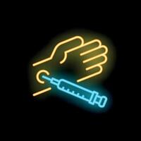 Neon syringe injecting hand with vaccine dose vector