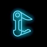 Glowing neon icon of multitool pliers with knife on black brick wall vector
