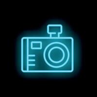 Blue neon sign representing a camera flashing on black background vector