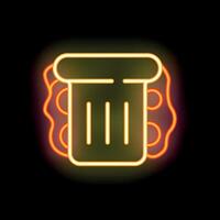 Glowing neon sign of a trash can with paper waste falling in throwing garbage concept vector
