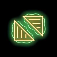 Glowing neon sign depicting two sandwiches on black background vector