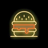 Glowing neon sign of tasty burger with melted cheese and dripping sauce vector