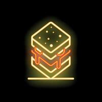 Glowing neon sign of a tasty sandwich dripping sauce on black background vector