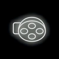 White neon icon of a film reel glowing on black background vector