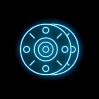 Neon icon of two round circuit boards glowing blue against black background vector