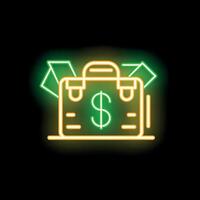 Glowing neon line icon is shining, showing a briefcase full of money, representing the concept of wealth and success vector