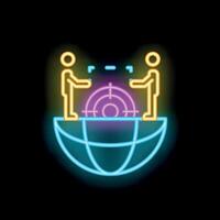 Two businessmen standing on planet earth targeting global market neon signboard style icon vector