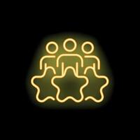 Neon icon of three people standing with stars showing customer review, customer satisfaction or team success vector