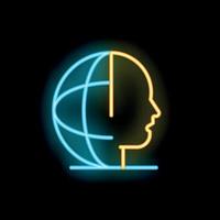 Neon icon of human head overlapping planet earth representing global consciousness vector