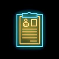 Glowing neon line is showing a clipboard with a resume on it, isolated on a black background vector