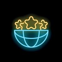 Neon icon of planet earth with stars appearing from its inside on a black background vector