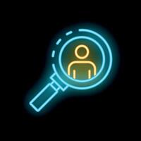 Neon icon of magnifying glass focusing on a person for recruitment vector