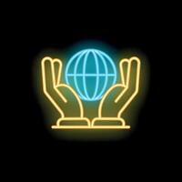 Two hands holding globe neon sign on black background vector