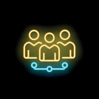 Three people team connected with line neon sign icon on black background vector