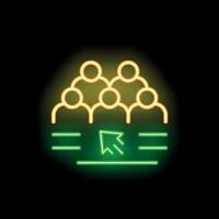 Neon icon of audience choosing with mouse cursor clicking on group of people vector