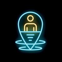 Neon icon of location pin showing person standing on platform vector