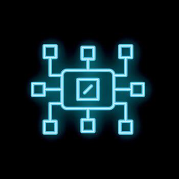 Neon blue processor icon depicting machine learning algorithm vector