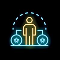 Businessman standing between two stars representing choosing best option neon sign style icon vector