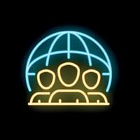 Neon icon of people connecting under a globe for global business vector