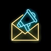 Neon icon of megaphone emerging from open envelope representing email marketing campaign vector