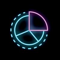 Neon sign representing pie chart with motion lines on black background vector