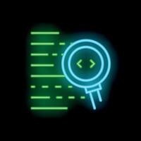 Neon magnifying glass analyzing code lines, programming concept vector