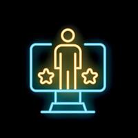 Neon icon of person standing on computer screen with stars for online reputation management vector