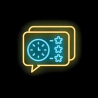 Neon glowing symbol of quick customer review with five stars rating and clock vector