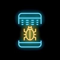 Neon icon of a bug leaving smartphone screen vector