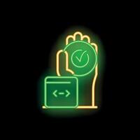 Neon hand holding verified badge with programming code symbol vector