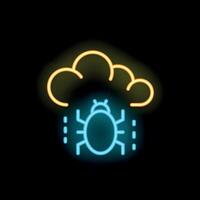 Neon icon of bug falling from cloud representing cloud security threat vector