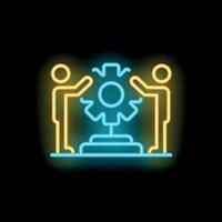 Two businessmen collaborating on a project symbolized by a neon gear icon vector