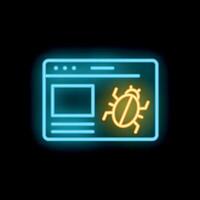Neon website bug icon glowing on black background vector