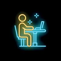 Man working on laptop at desk neon sign on black background vector