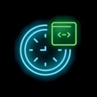Neon sign representing time management for web development with clock and code vector