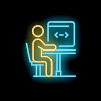 Developer working with code on computer neon sign icon vector