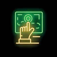Neon icon of hand pressing button on control panel vector