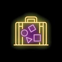 Neon sign of suitcase for travel with geometric shape stickers representing visited countries vector