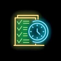 Neon sign showing clock symbolizing time management and planning vector