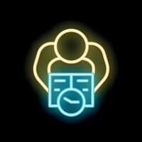 Neon icon of person reading book with clock symbol representing time management and education concept vector