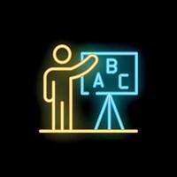 Teacher pointing at blackboard with abc neon sign style icon vector