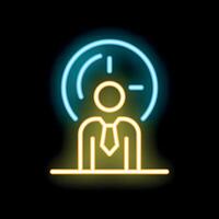 Neon glowing icon of a businessman working with time efficiently vector