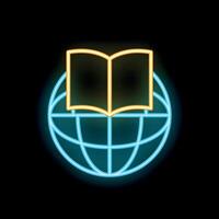 Neon icon of book over globe symbolizing global education vector