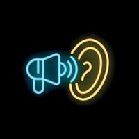 Neon icon of megaphone sending sound waves to an ear symbolizing communication vector